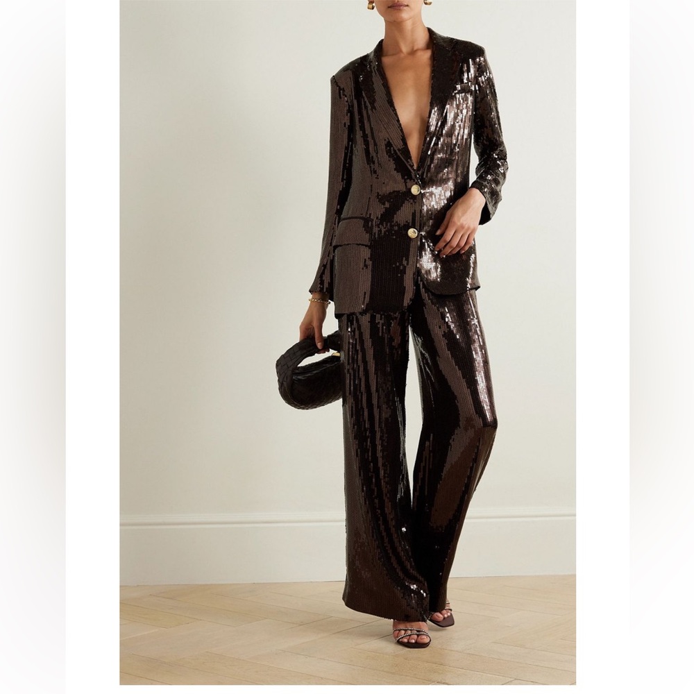 NWT Retrofete SET Tuxedo Blazer Pant Suit Dark Brown Sequin Medium $1100 Retail